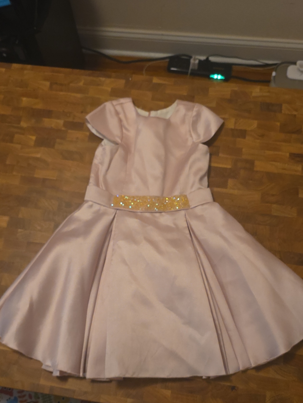 Zoe Ltd Light Pink Satin Party Dress with Gold Sparkle Belt